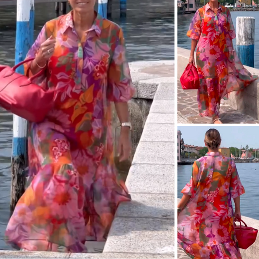 🌺 Rochie roșie din șifon cu imprimeu floral