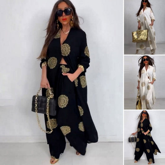 ✨ Set din două piese cu cămașă cu croială lejeră și pantaloni imprimați cu picior lat