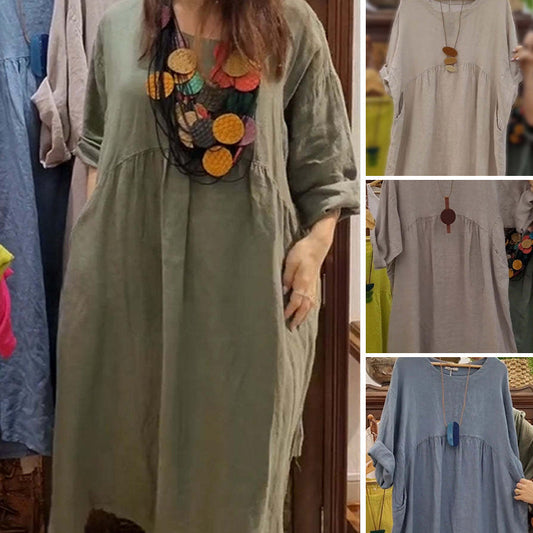 Rochie de damă cu guler rotund, lejeră, mâneci 3/4 și buzunare