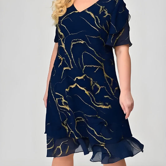 💖Дамска рокля от шифон с къс ръкав Cascading printed printed chiffon